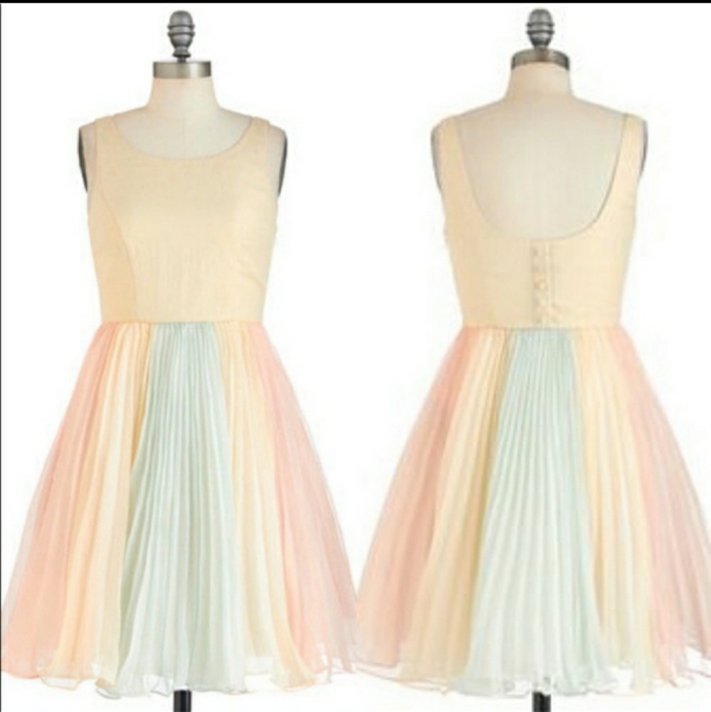 Modcloth Pastel Rainbow Pleated Prom Dress (Cream, Pink, Mint)